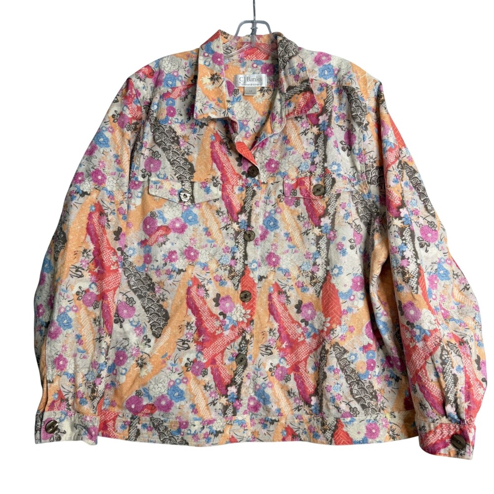 CJ Banks Linen Blend Jacket Womens Plus Size 1X Multi Color Floral Trucker